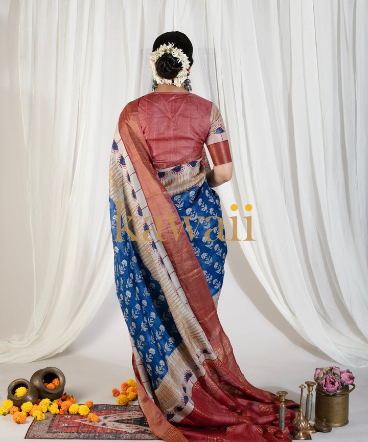 Ambar Tussar Silk Block Print Saree | SILK MARK CERTIFIED | SHOBITAM