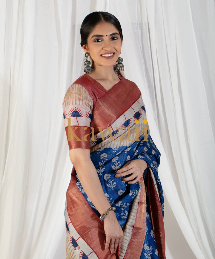 Ambar Tussar Silk Block Print Saree | SILK MARK CERTIFIED | SHOBITAM