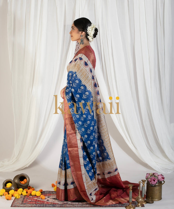 Ambar Tussar Silk Block Print Saree | SILK MARK CERTIFIED | SHOBITAM