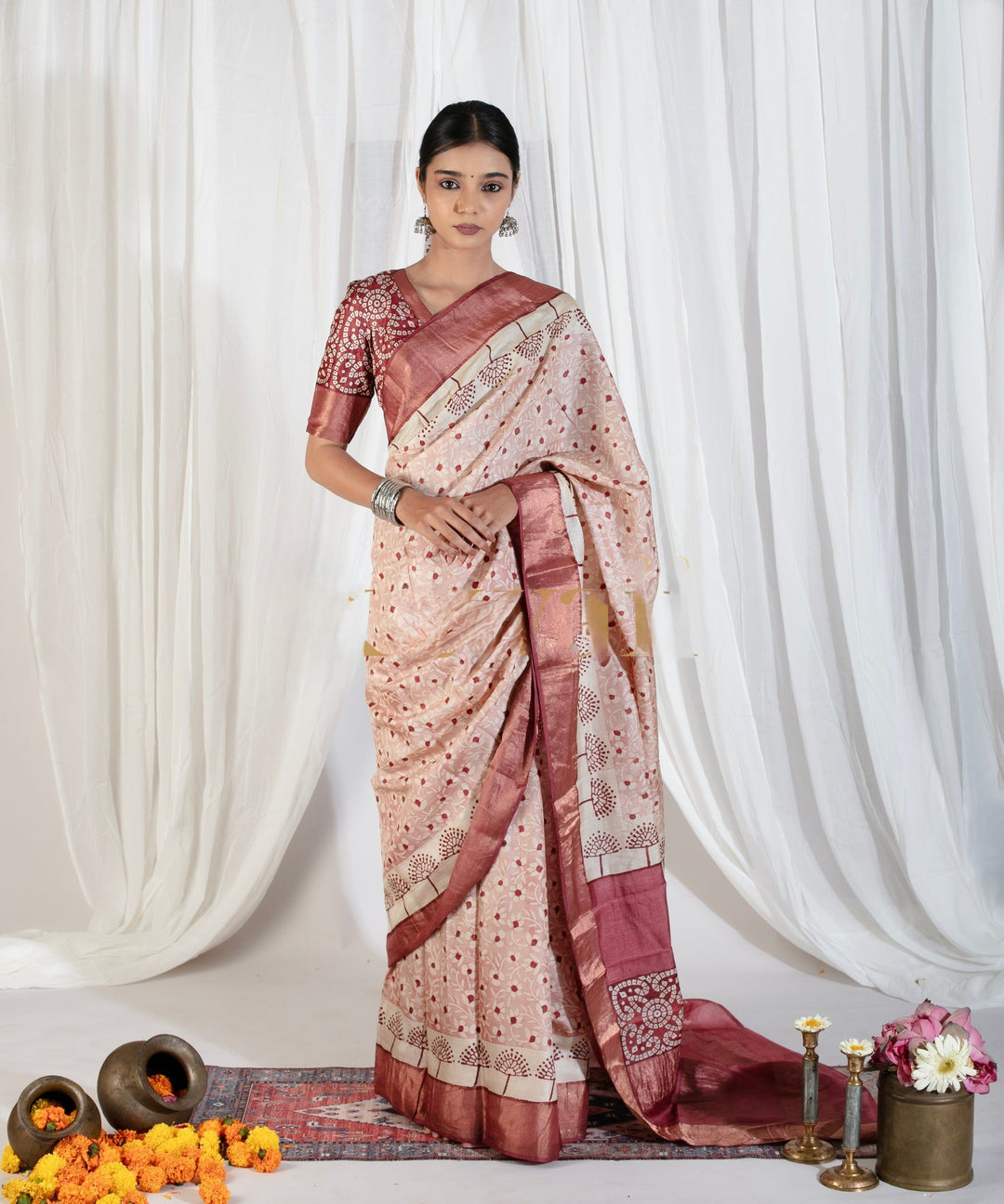 Gulzaar Tussar Silk Block Print Saree | SILK MARK CERTIFIED | SHOBITAM