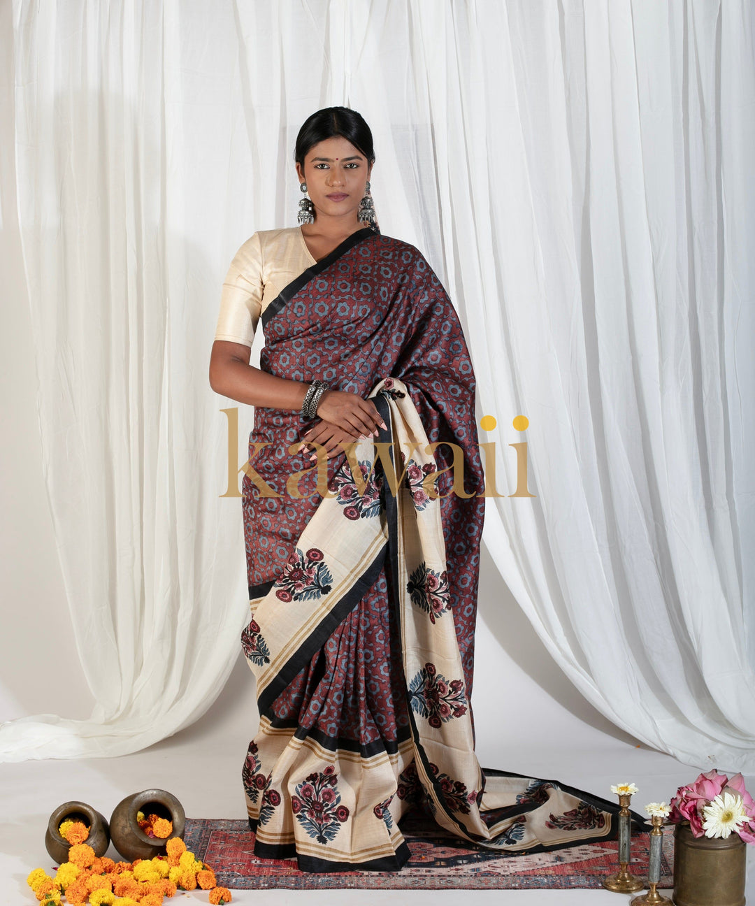 Gulmohar Block Print Tussar Silk Saree | SILK MARK CERTIFIED | SHOBITAM