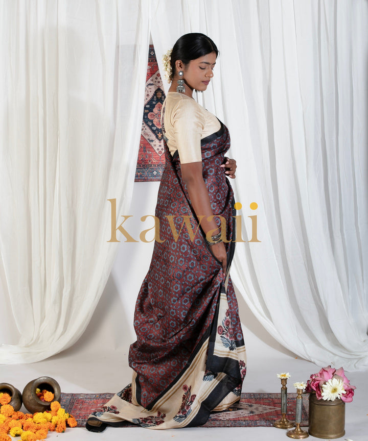 Gulmohar Block Print Tussar Silk Saree | SILK MARK CERTIFIED | SHOBITAM