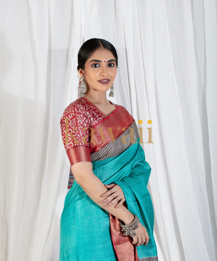 Aqua Raaga Tussar Silk Block Print Saree | SILK MARK CERTIFIED | SHOBITAM