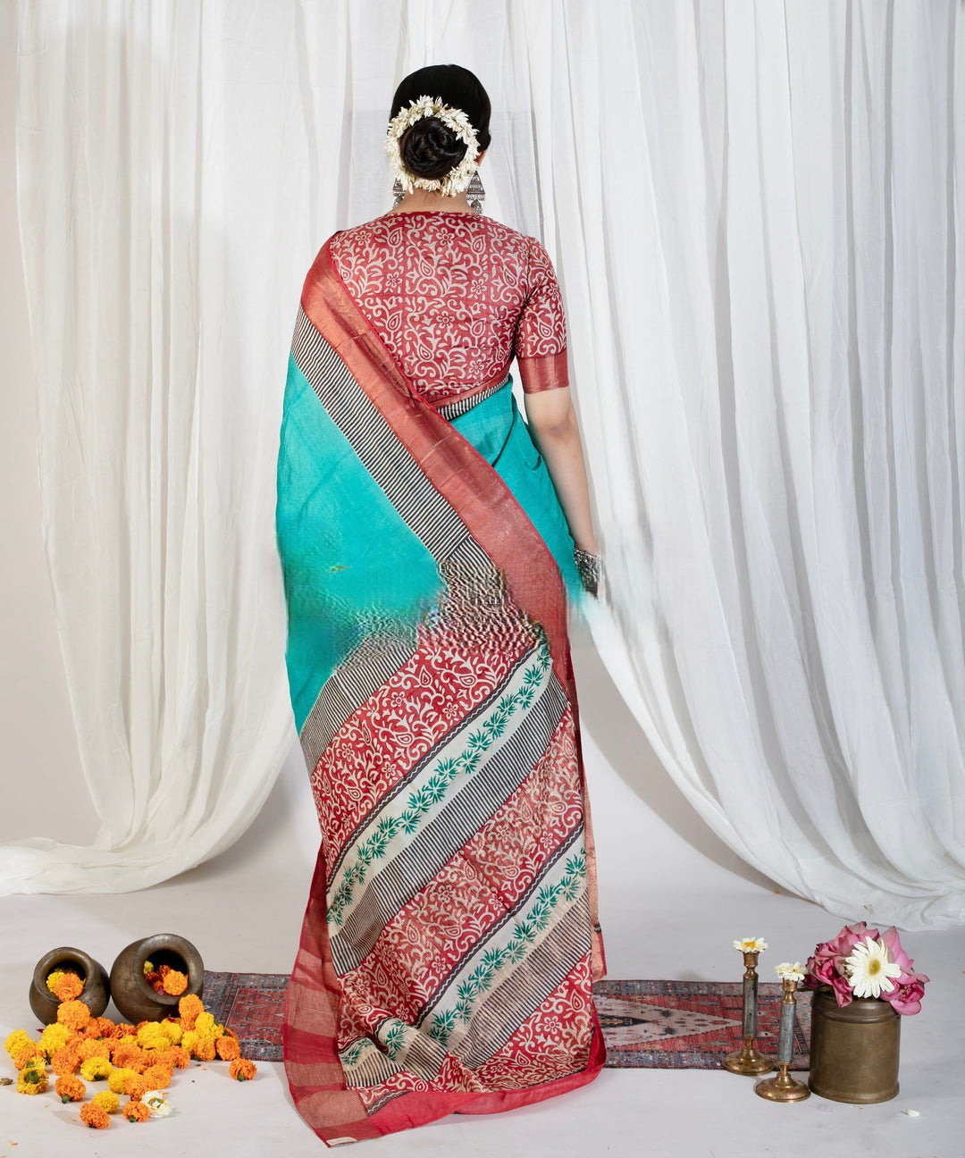 Aqua Raaga Tussar Silk Block Print Saree | SILK MARK CERTIFIED | SHOBITAM