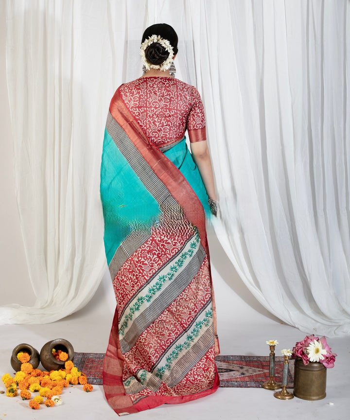 Aqua Raaga Tussar Silk Block Print Saree | SILK MARK CERTIFIED | SHOBITAM