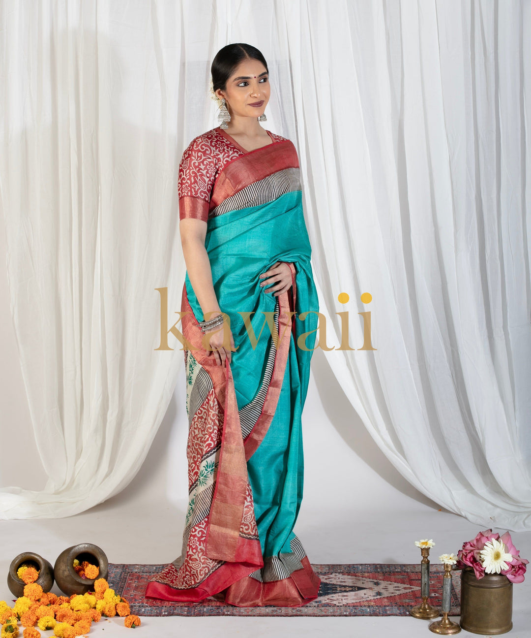 Aqua Raaga Tussar Silk Block Print Saree | SILK MARK CERTIFIED | SHOBITAM