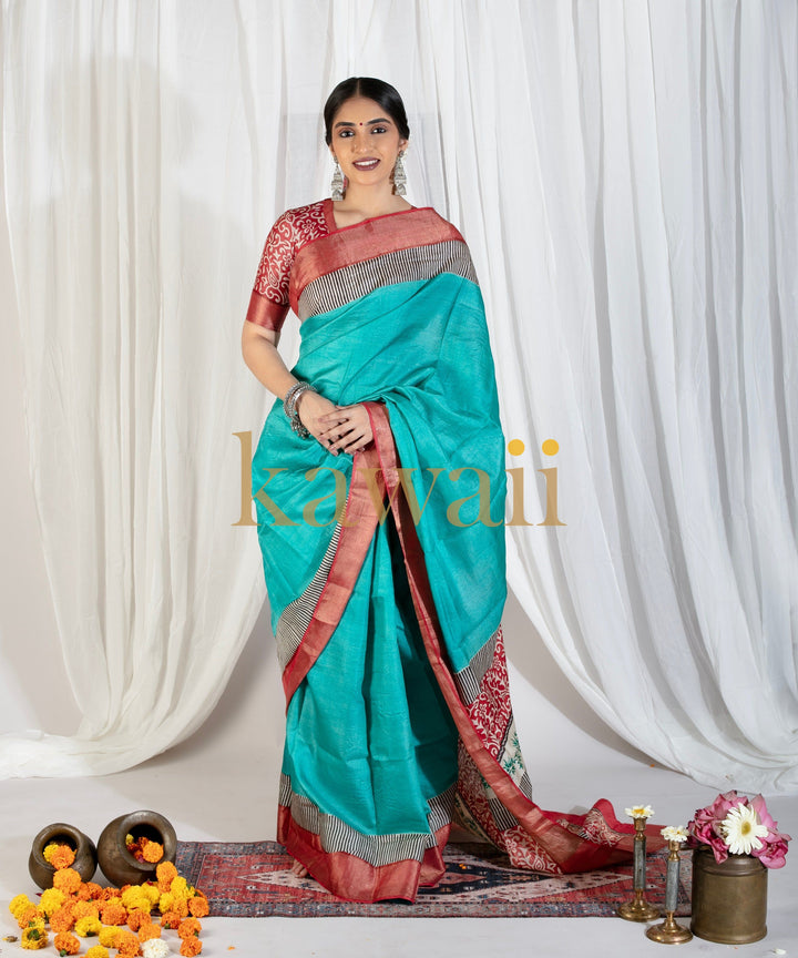 Aqua Raaga Tussar Silk Block Print Saree | SILK MARK CERTIFIED | SHOBITAM
