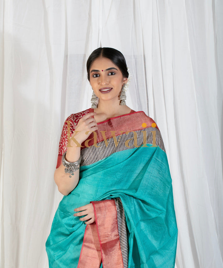 Aqua Raaga Tussar Silk Block Print Saree | SILK MARK CERTIFIED | SHOBITAM