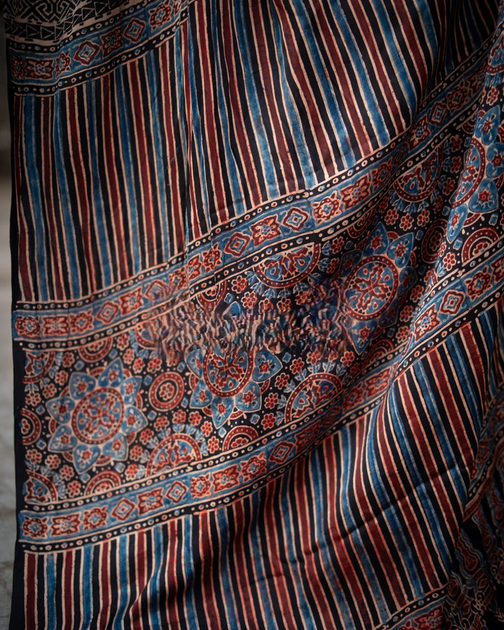 Meher Ajrakh Saree - Handcrafted on Modal Silk | SHOBITAM