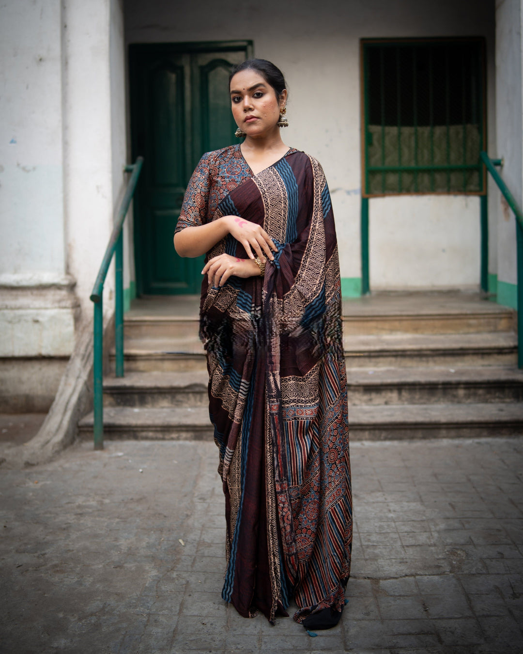 Meher Ajrakh Saree - Handcrafted on Modal Silk | SHOBITAM