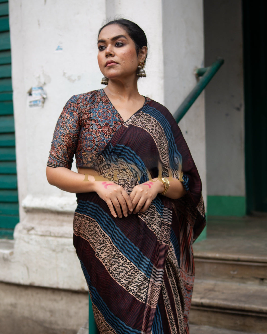 Meher Ajrakh Saree - Handcrafted on Modal Silk | SHOBITAM