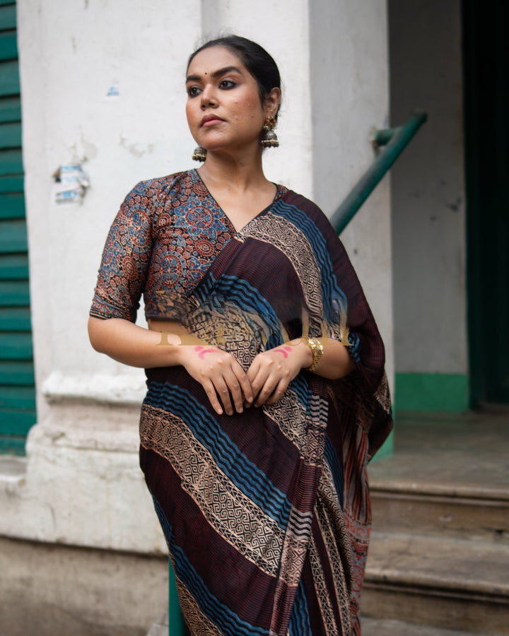 Meher Ajrakh Saree - Handcrafted on Modal Silk | SHOBITAM
