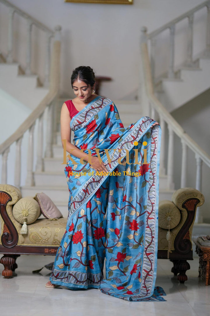 Neel Kalamkari Saree | SILK MARK CERTIFIED | SHOBITAM