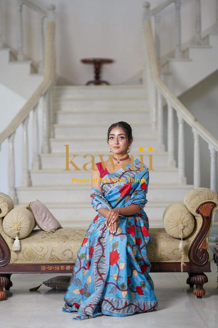 Neel Kalamkari Saree | SILK MARK CERTIFIED | SHOBITAM