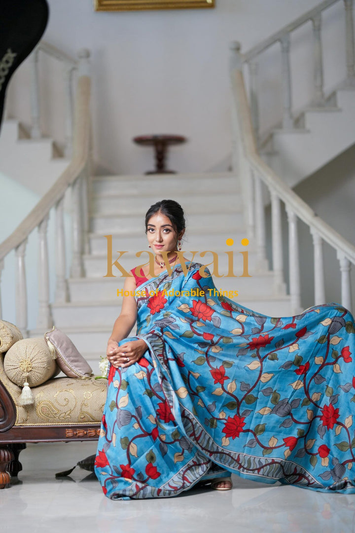 Neel Kalamkari Saree | SILK MARK CERTIFIED | SHOBITAM