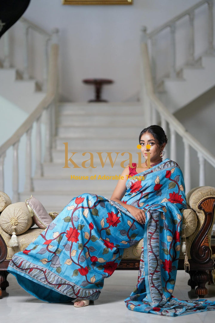 Neel Kalamkari Saree | SILK MARK CERTIFIED | SHOBITAM