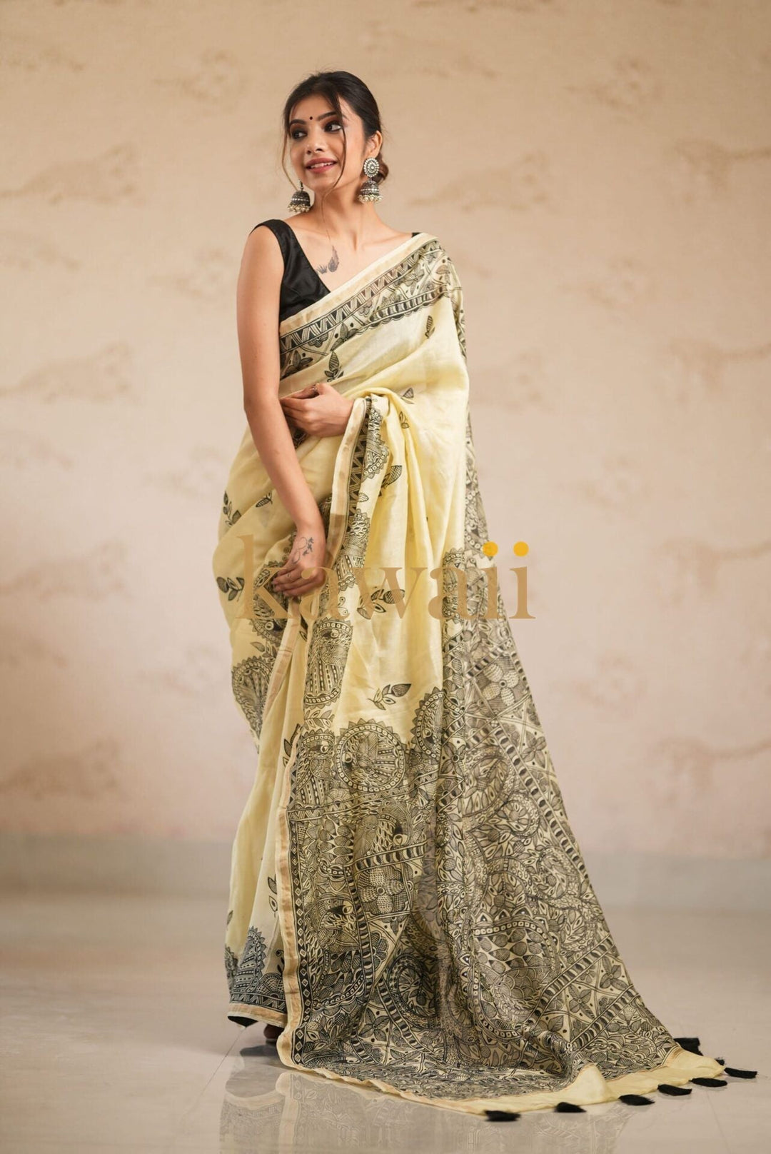 Satva Madhubani Artwork Handpainted on Chanderi Silk Saree  | SHOBITAM