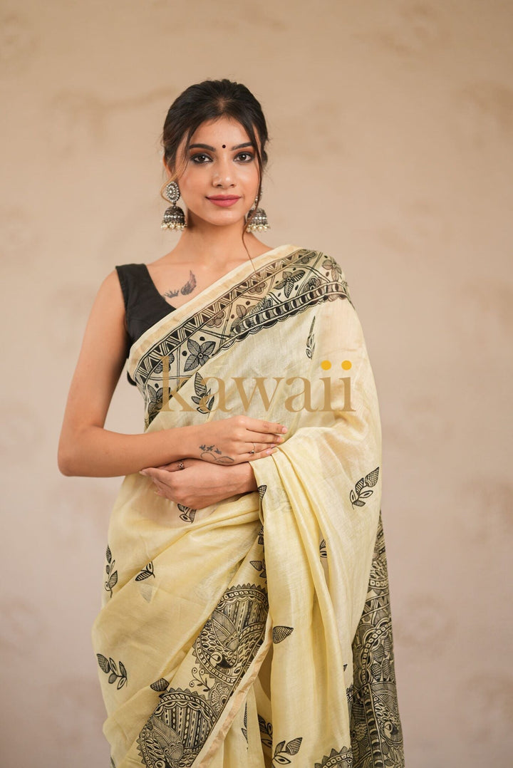 Satva Madhubani Artwork Handpainted on Chanderi Silk Saree  | SHOBITAM