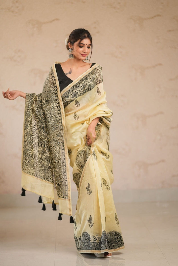 Satva Madhubani Artwork Handpainted on Chanderi Silk Saree  | SHOBITAM