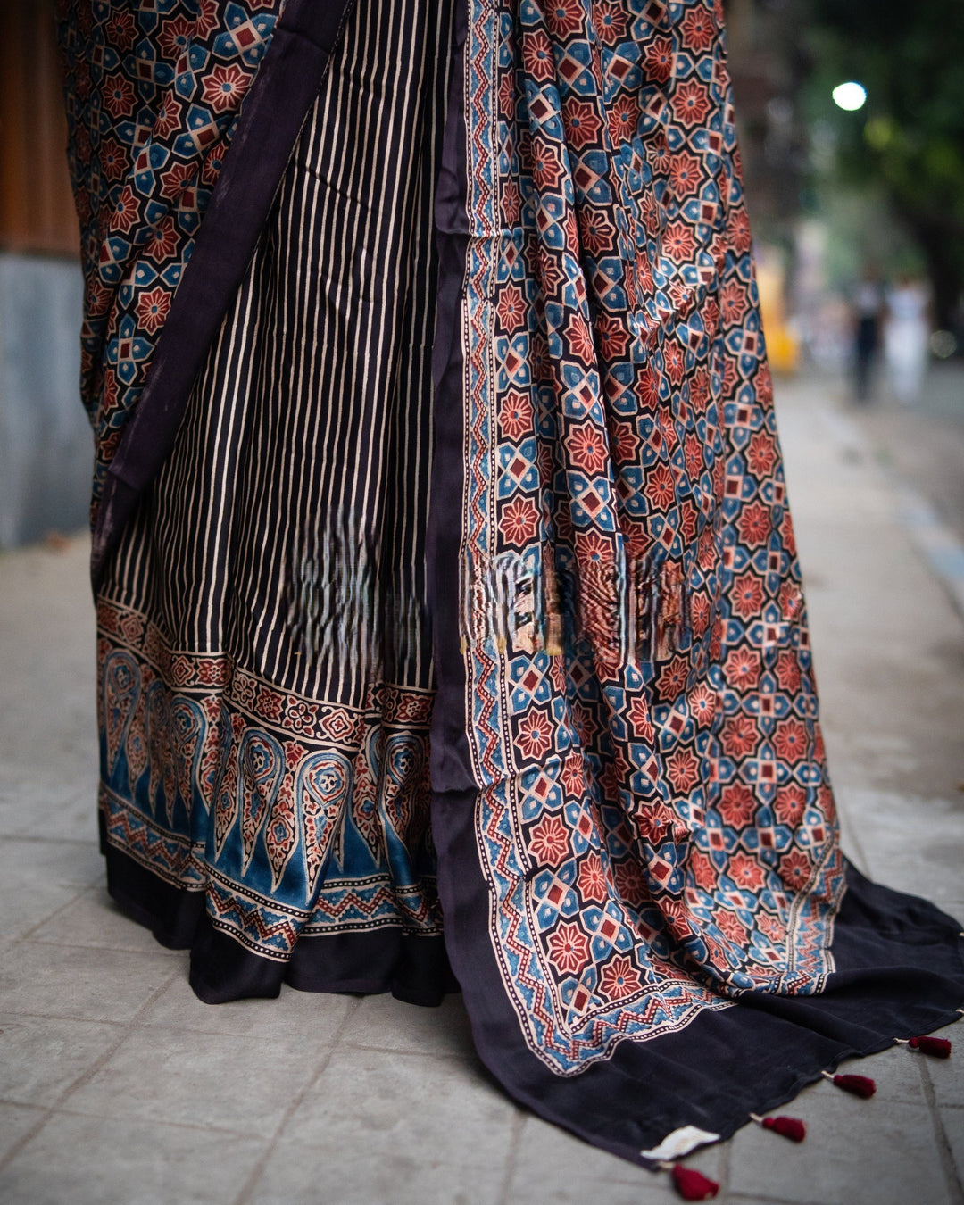 Neel Raag Ajrakh Saree - Handcrafted on Modal Silk  | SHOBITAM