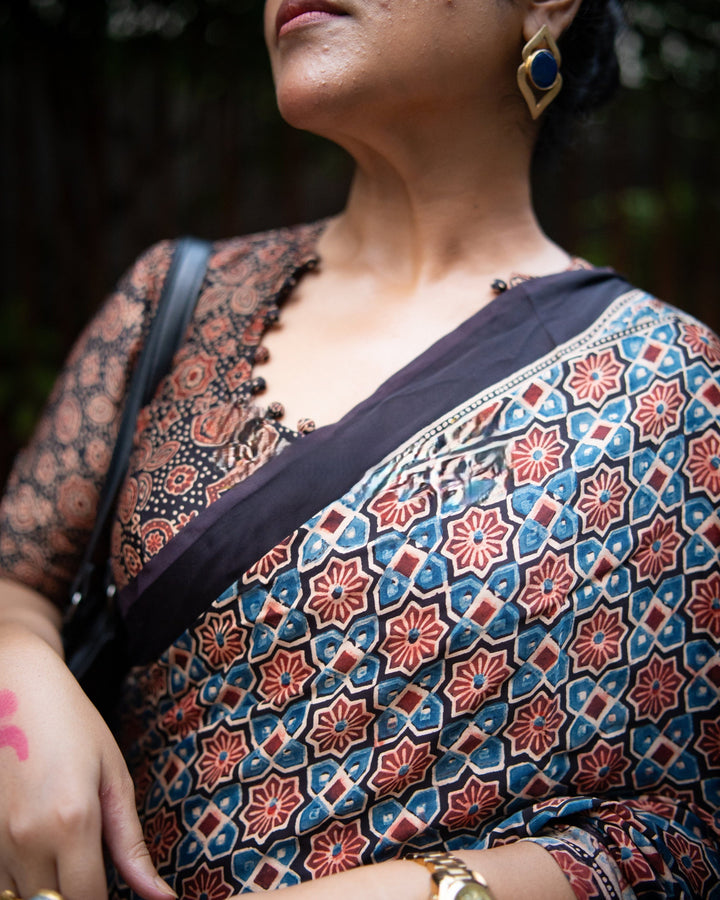Neel Raag Ajrakh Saree - Handcrafted on Modal Silk  | SHOBITAM