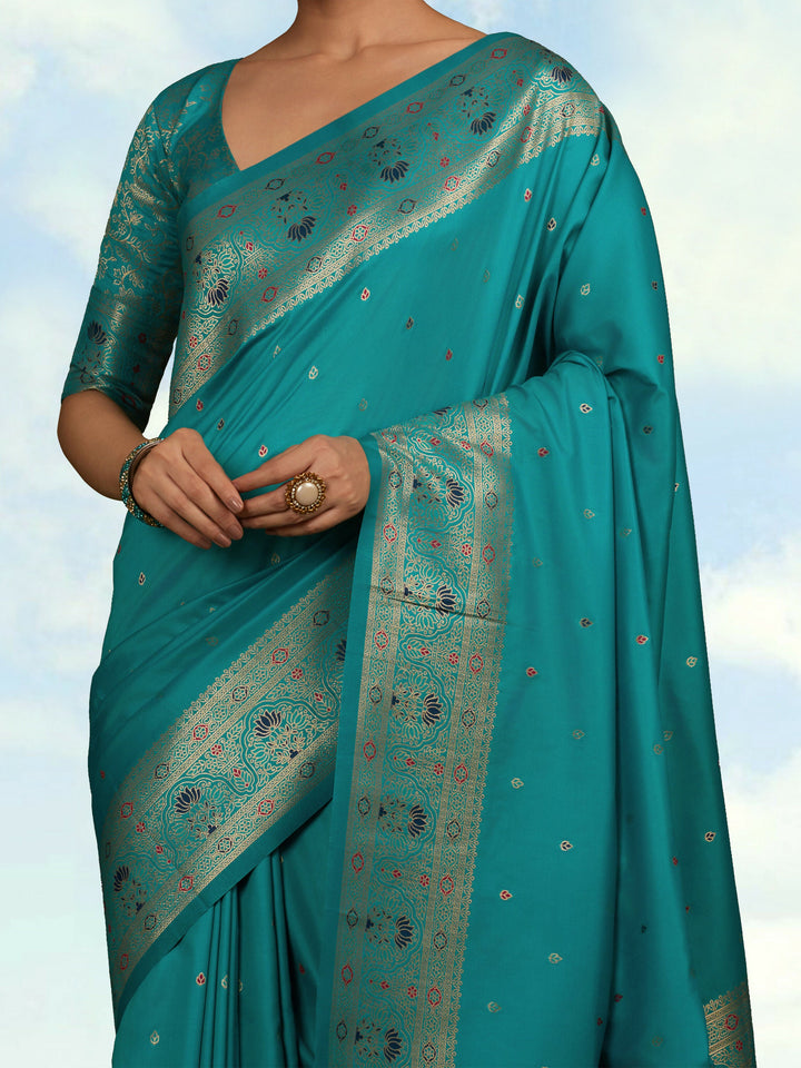 Cyan Banarasi Silk Blend Saree | SHOBITAM