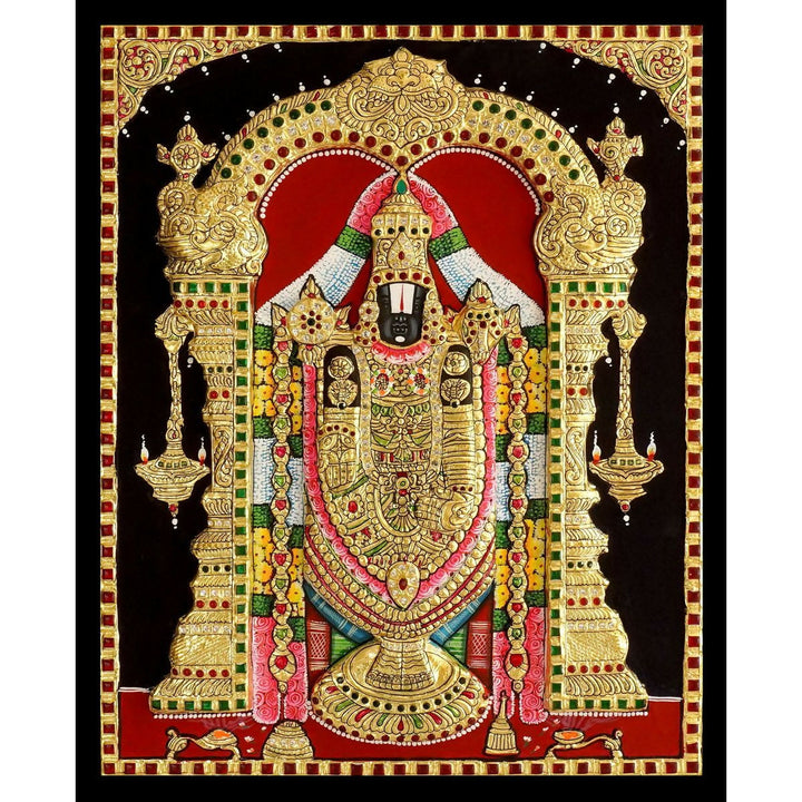 16*20 Authentic TANJORE PAINTING BALAJI Authentic With 22 Ct gold Foil and Jaipur Gemstones,Unframed | SHOBITAM