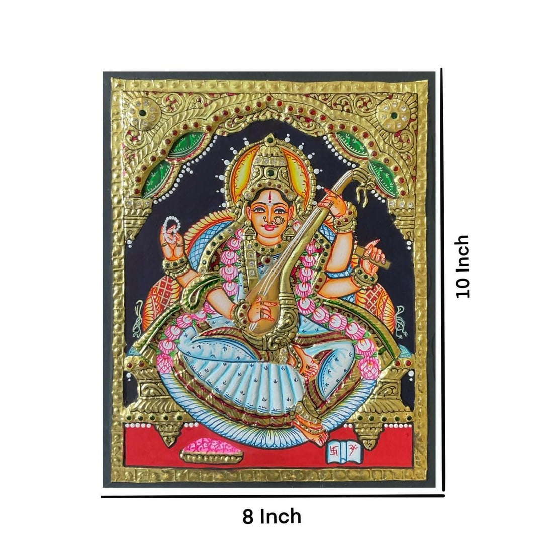 10x8" Tanjore Painting Saraswathi Authentic With 22 Ct gold Foil and Jaipur Gemstones ,Unframed | SHOBITAM