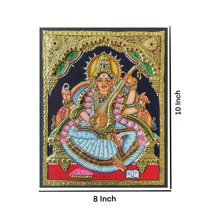 10x8" Tanjore Painting Saraswathi Authentic With 22 Ct gold Foil and Jaipur Gemstones ,Unframed | SHOBITAM