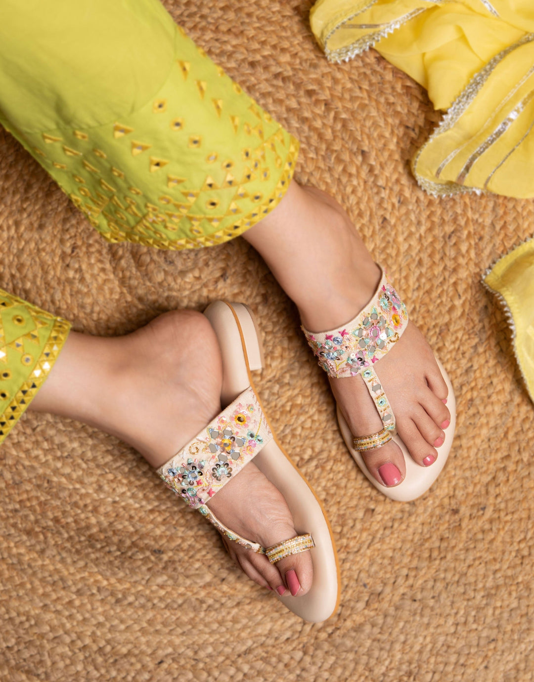 AAINA Festive Mirror & Sequin Work Toe-Ring Sandals