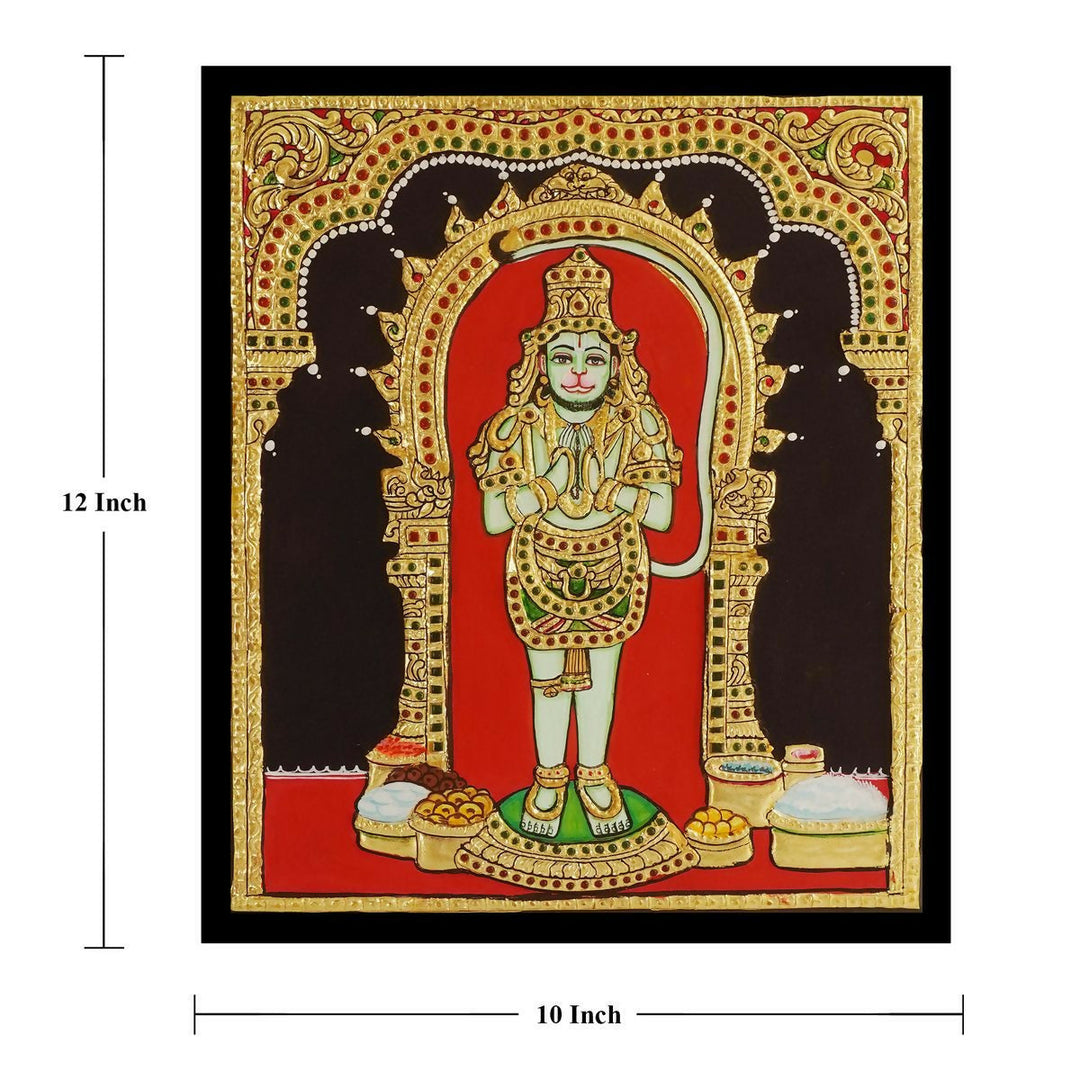 12*10 TANJORE PAINTING HANUMAN STANDING Authentic With 22 Ct Gold Foil and Jaipur Gemstones,Unframed | SHOBITAM