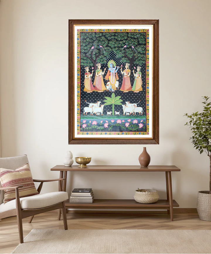 Pichwai Hand Painting On Cloth | Krishna Ji with Gopis | 2x3 Feet | Unframed |SHOBITAM