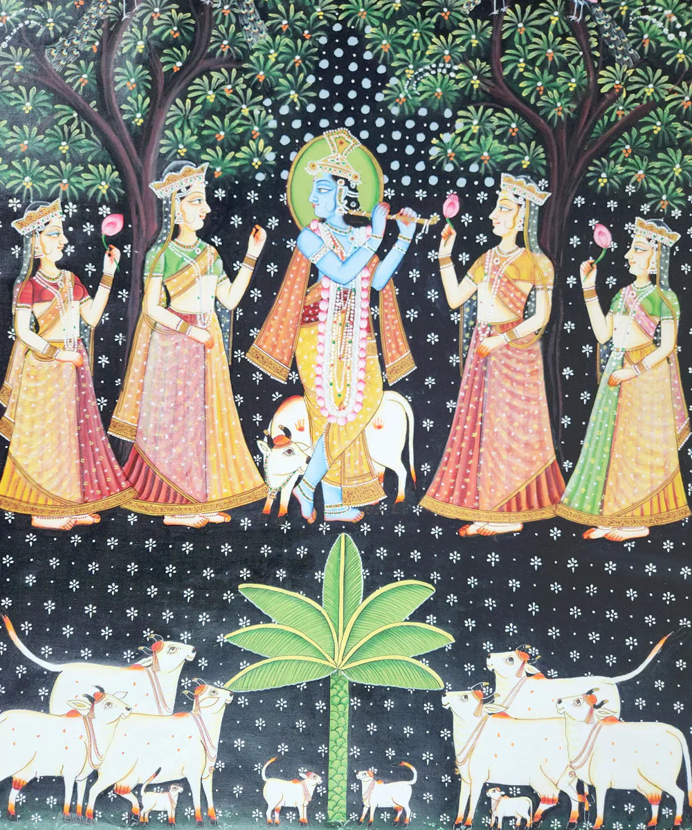 Pichwai Hand Painting On Cloth | Krishna Ji with Gopis | 2x3 Feet | Unframed |SHOBITAM