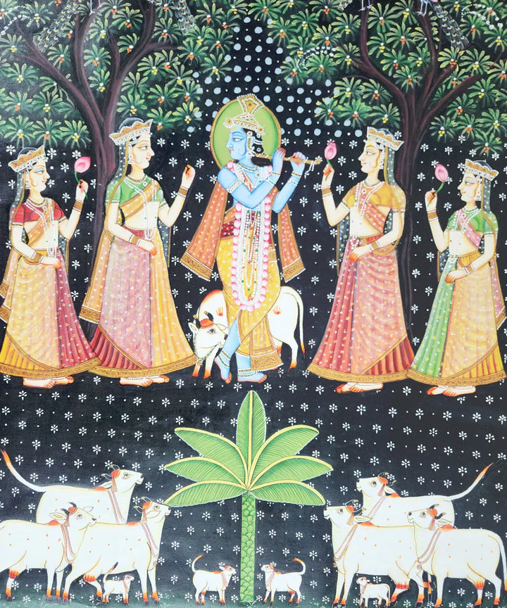 Pichwai Hand Painting On Cloth | Krishna Ji with Gopis | 2x3 Feet | Unframed |SHOBITAM