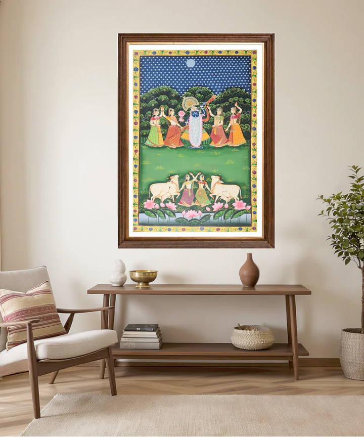Pichwai Hand Painting On Cloth | Shrinath ji with gopis | 2x3 Feet | Unframed | Shobiam