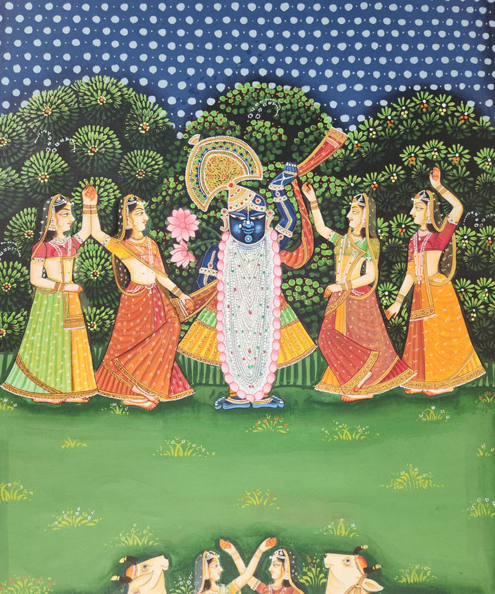 Pichwai Hand Painting On Cloth | Shrinath ji with gopis | 2x3 Feet | Unframed | Shobiam