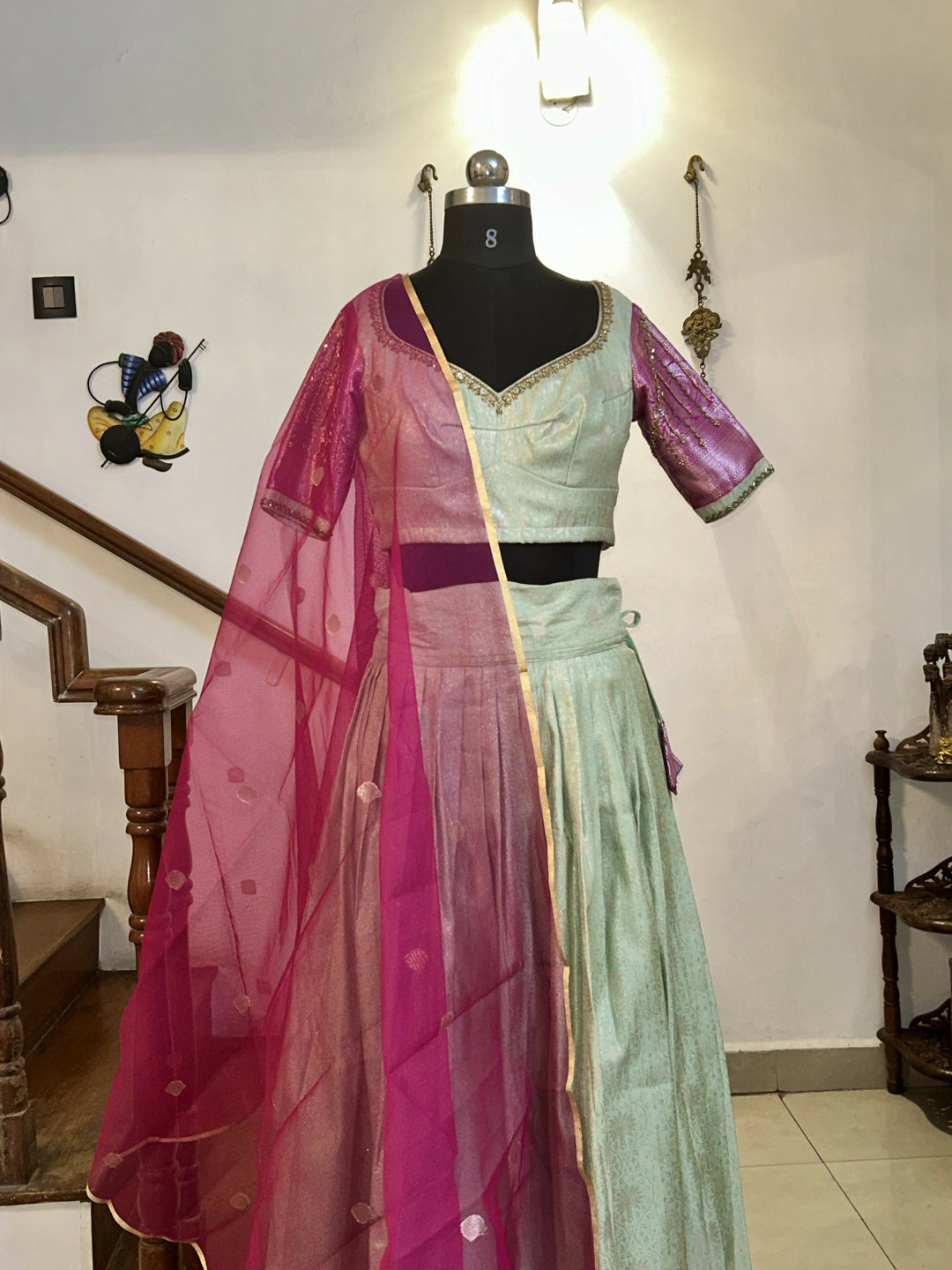 Yuvathi Mint green silk half Saree lehenga set with aari work