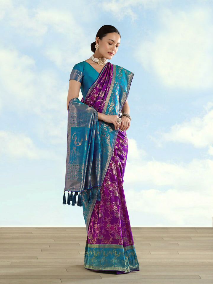 Purple Banarasi Semi Silk Saree With Zari Woven Design | SHOBITAM