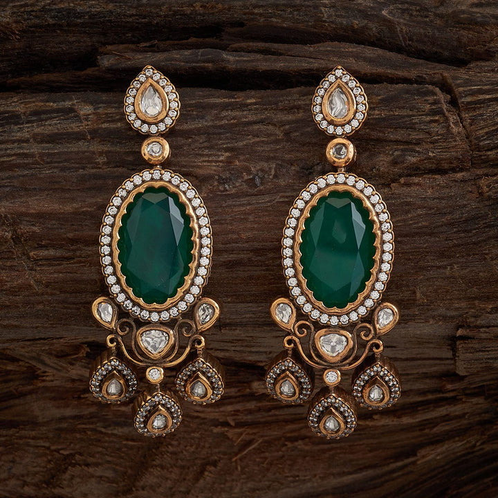 Beautiful Kundan Earrings with Oval Green Stone and Sparkling White Stones