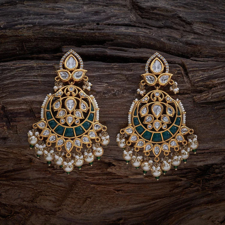 Chandbali Kundan Earrings with Dangling Pearls