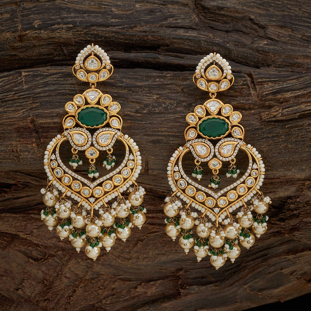 Victorian Kundan Earrings with Oval Green Stone, White Stones and Pearls Danglings
