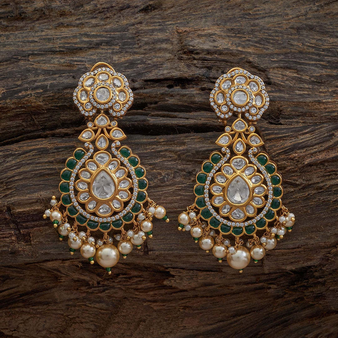 Gold Plated Kundan Teardrop Design Earrings with White Stone and Dangling Pearls