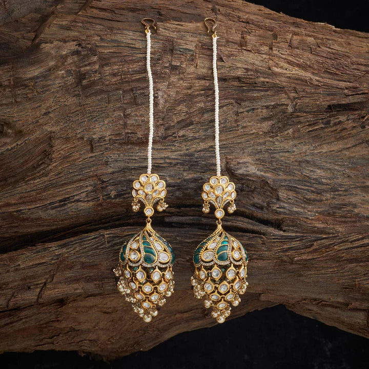 Zircon Kundan Earrings Jhumka With Kaan chain And Dangling Beads