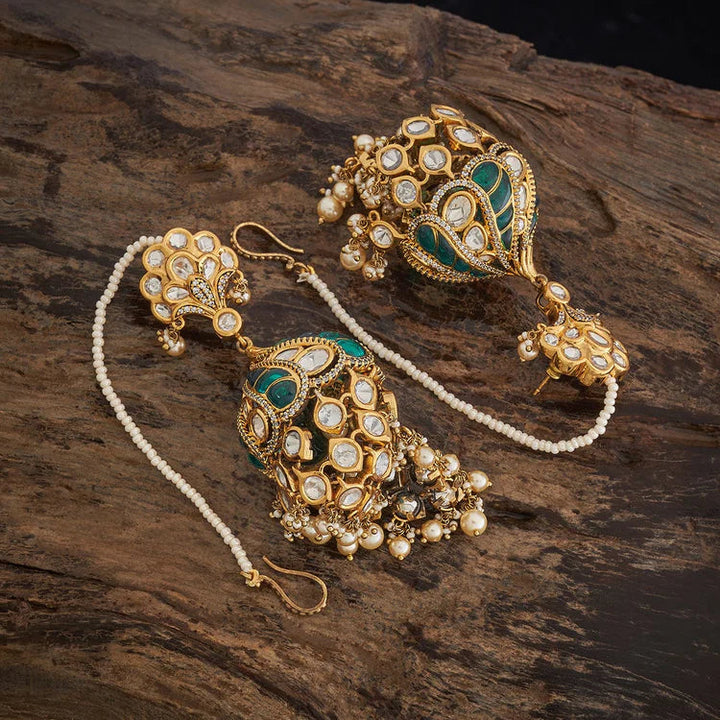 Zircon Kundan Earrings Jhumka With Kaan chain And Dangling Beads