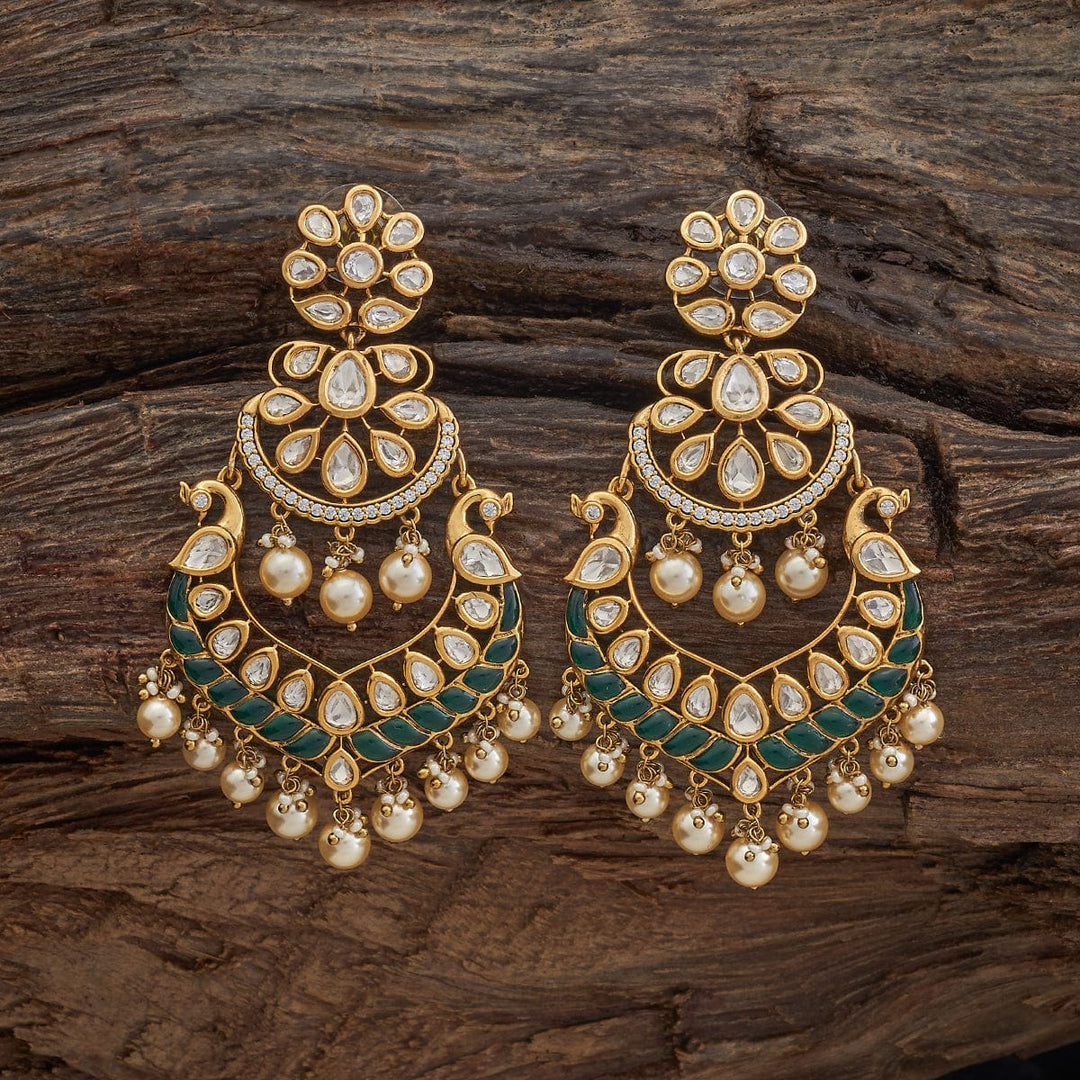 Gold-Plated Victorian Style Earrings with Intricate Kundan Work and Pearls Danglings
