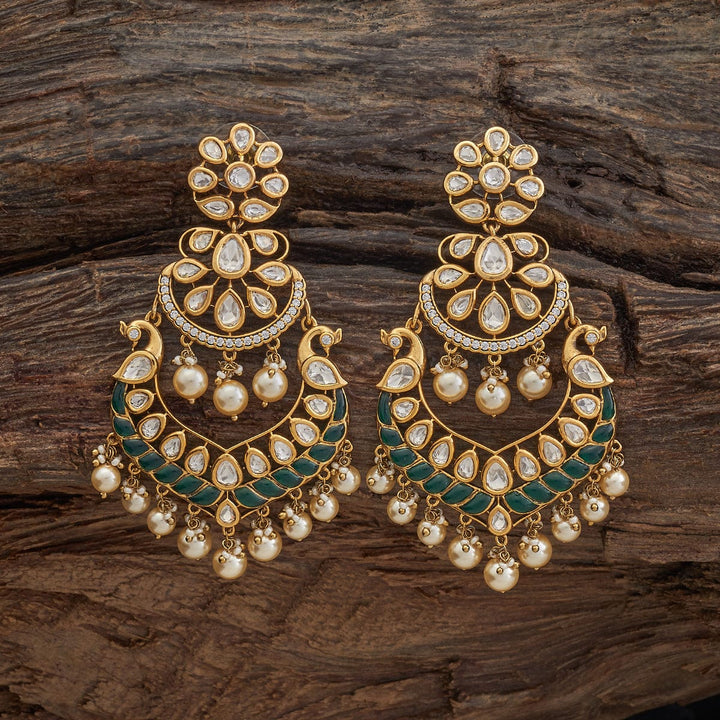 Gold-Plated Victorian Style Earrings with Intricate Kundan Work and Pearls Danglings