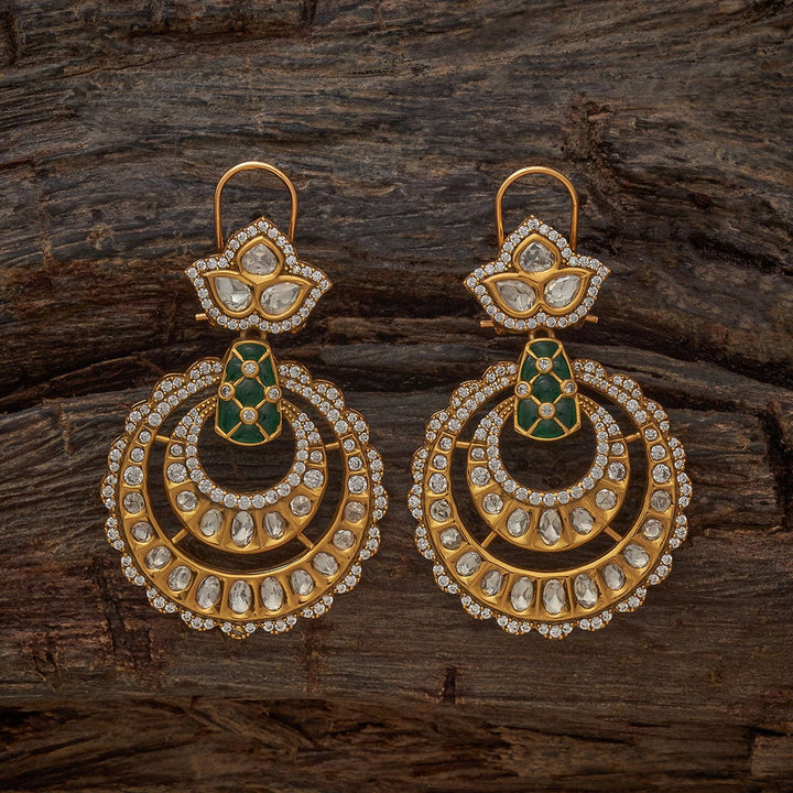 Victorian Style Gold-Plated Kundan Chandbali Earrings with White and Green Stone