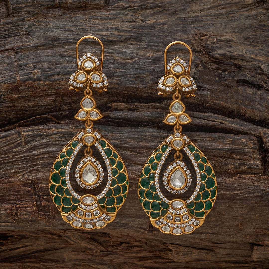 Gold-Plated Victorian Style Earrings with Intricate Kundan Work and Green Accents