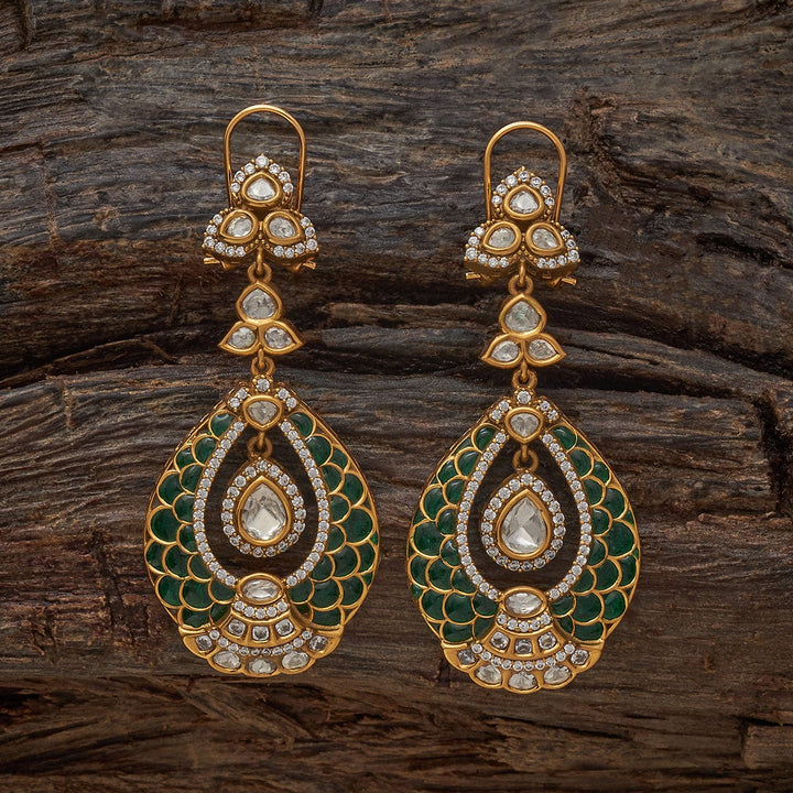Gold-Plated Victorian Style Earrings with Intricate Kundan Work and Green Accents