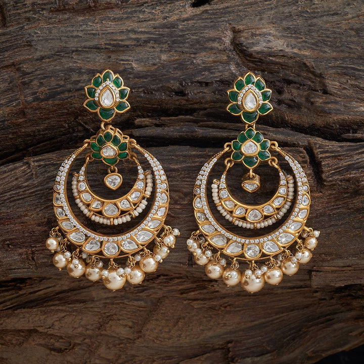Antique Finish Victorian Chandbali Earrings with Green Stone and Dangling Pearls